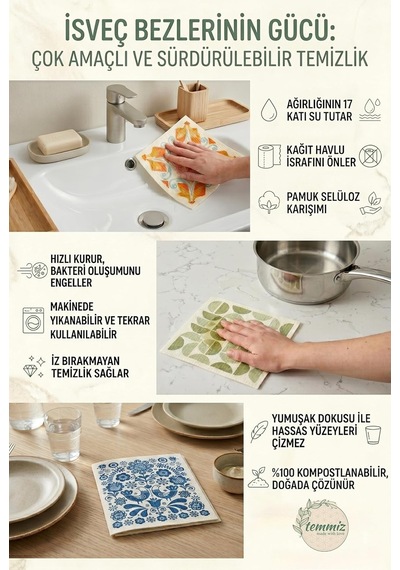 Swedish Dishcloth İsveç Bezi Otantik Desenler 3 Adet, Sürdürülebilir, Tekrar Kullanılabilir, Tüm Yüzeylere Uygulanabilir, Makinede Yıkanabilir Belirtilmemiş