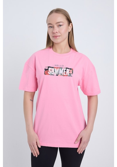 Velvoria Oversize Kadın Hello Summer Baskılı Pembe Renk T-shirt