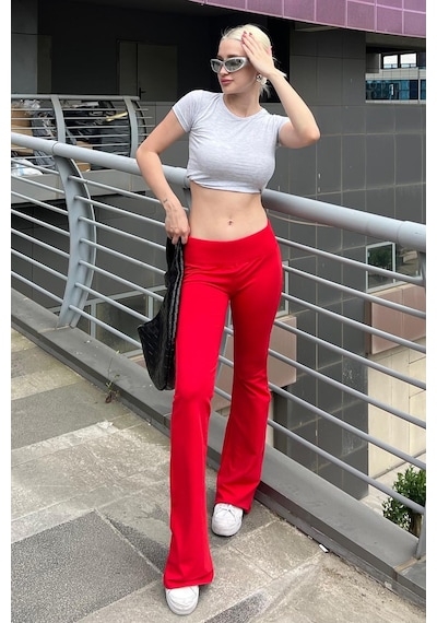 Madmext Kırmızı Beli Fitilli Yüksek Bel İspanyol Paça Pantolon Mg2096-kırmızı Kırmızı