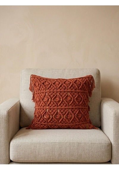 Toprak Tonlarında Yan Püsküllü Dekoratif Kılıf -makrome Kırlent Kılıfı 45x45 Cm Diğer