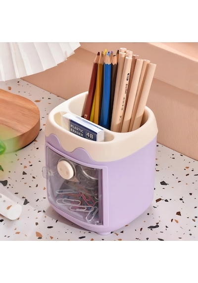 Sevimli Masaüstü Kalemlik Kawaii Kapaklı Mini Dolaplı Kalemlik - Mor Mor