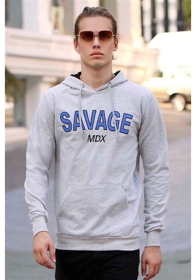 Madmext Basklı Gri Kapşonlu Sweatshirt 4147 Gri