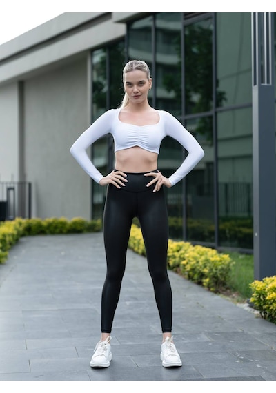 Lismina Önü Büzgülü Uzun Kollu Spor Büstiyer Beyaz