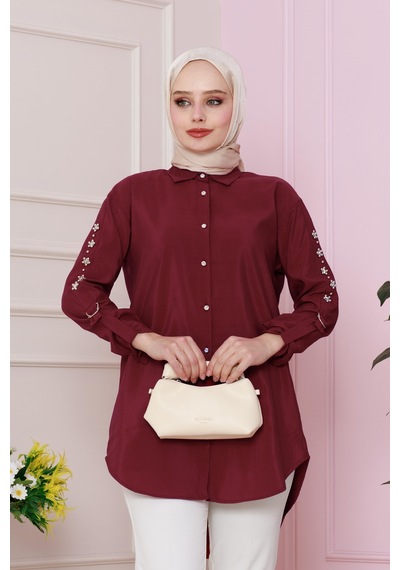 Sevitli Kolu Çakım Detaylı Tunik-bordo-4727 Bordo