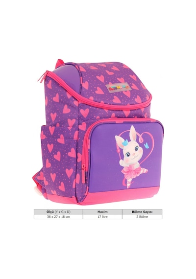 Kaukko İki Bölmeli Ergonomik Kız Çocuk Okul Çantası Pembe Mor - Kalpli Tavşan Desenli - L5246 Pembe - Mor