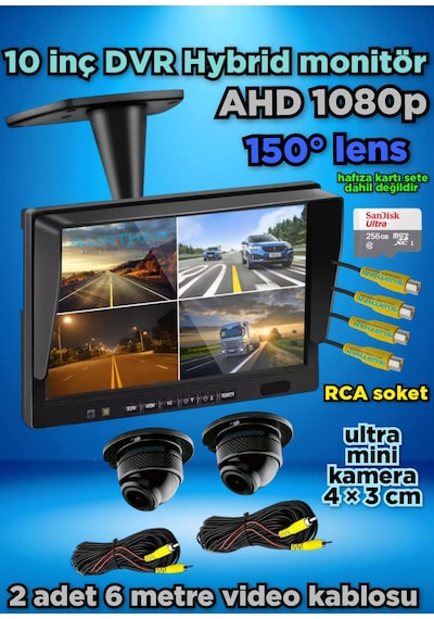 2 Adet Ahd 1080p Ultra Mini Kamera Ve 10 İnç Dvr Monitör Set 12 V