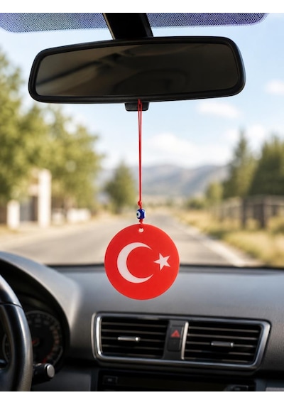 Araba Dikiz Ayna Süsü Türk Bayraklı Çift Taraflı Cam Nazar Boncuklu 25 Cm