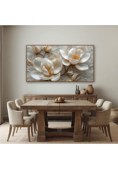 Çiçekli Cam Tablo Beyaz Çiçekler Ve Altın Detaylı Modern Dekoratif Çerçeveli Temperli Yatay