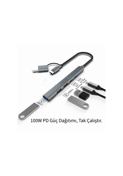 Iutp-06t Usb 3.0 Type-c 3.1 Hub 1 X Usb 3.0 +2 X Usb+type-c+pd100w 2.0 Alumınyum Kasa Çoklayıcı
