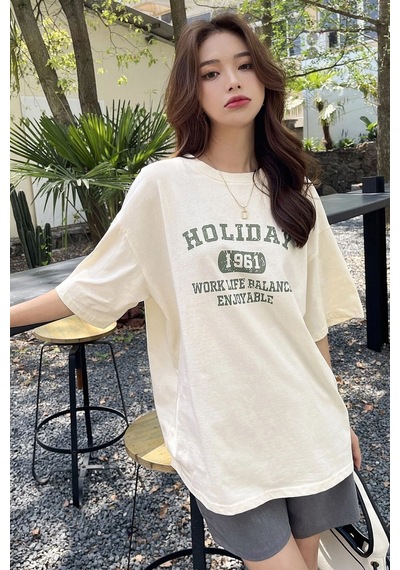 Unisex Holiday Baskılı Tasarım Tshirt Bej
