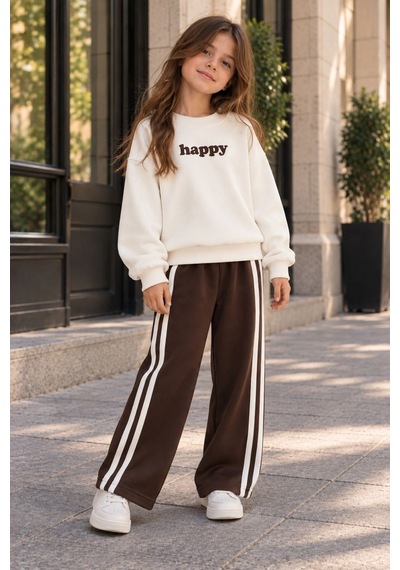 Zuzunga Unisex Çocuk Happy Yazı Baskılı Sweatshirt Ve Şerit Detaylı Bol Paça Eşofman Takımı BEYAZ