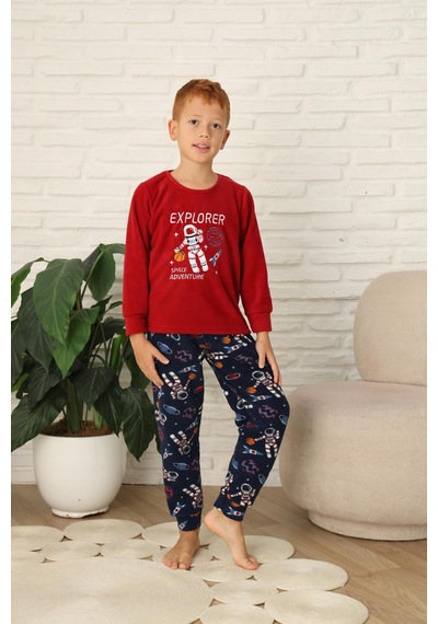 Yeni Stil Sonbahar/kış Erkek Çocuk Uzay Figür Astronot Desen Polar Pijama Takımı 4565 Kırmızı