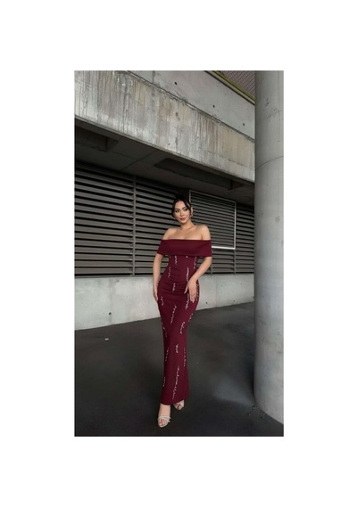 DefyModa Kadın Scuba Esnek Kumaş Straplez Taş Detaylı Abiye Elbise Bordo