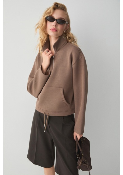 ETHIQUET Ethıquet Bellagıo Kadın Organik Pamuklı Kanguru Cepli Yakası Fermuarlı Kahverengi Sweatshirt