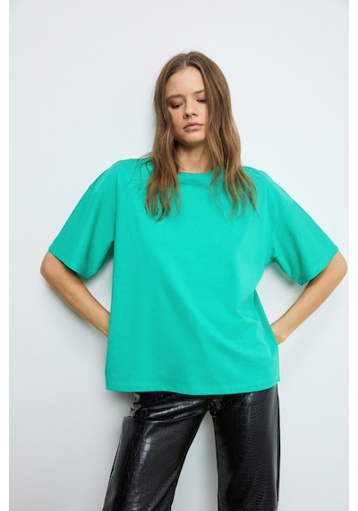 Grimelange LAGERTHA Kadın %100 organik Pamuklu Kalın Dokulu Oversize Fit Yuvarlak Yakalı Yeşil T-Shirt