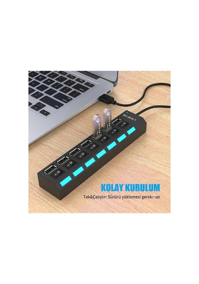7 Port Usb Hub Çoğaltıcı - Işıklı Ve Açmakapama Anahtarlı Çoklu Usb 2.0 Adaptör Tak&çalıştır