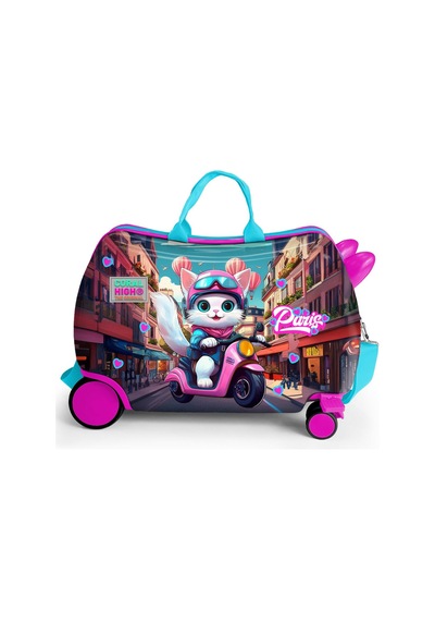 Coral High Kids Pembe Motorlu Kedi Desenli Otur-çek Çocuk Valizi 16358 Pembe
