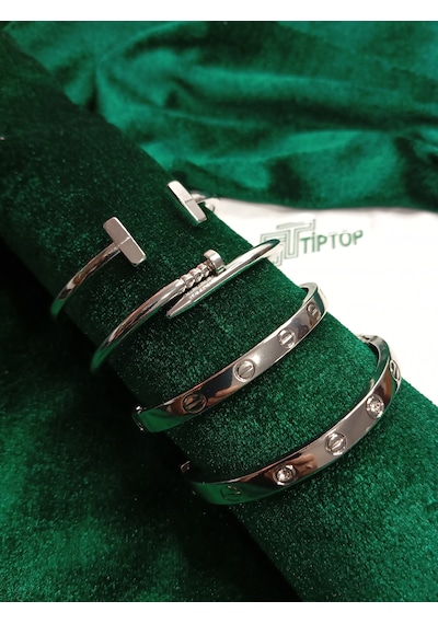 Tiptop/ Gümüş Renk 4 Lü Çelik Bileklik Set Gümüş