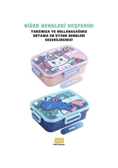 Bento 750ml Lunchbox Sevimli Dostlar Tek Katlı 3 Bölmeli Paslanmaz Çelik Sefer Tası Yemek Kutusu Pembe Unicorn Çok Renkli