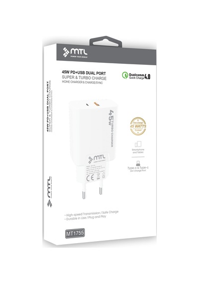 45w Turbo Şarj Çift Çıkış Type-c + Usb Adaptör Süper Fast Şarj Başlığı Mt1755