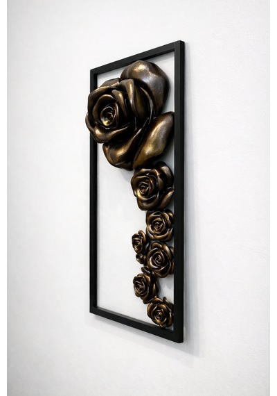 3d Kabartmalı Bronz-koyu Kahve Gül Duvar Dekoru Modern Çerçeveli Tasarım 30x66x10 Cm