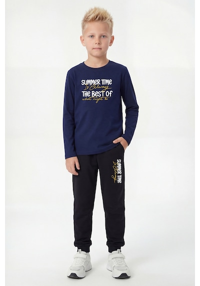 Panios Kids Yuvarlak Yaka Sweatshirt Paça Lastikli Eşofman Alt Baskılı Uzun Kollu Erkek Çocuk Alt Üst Takım Lacivert