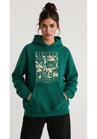 Uyguntarz Unisex But Seek First His Kingdom Baskılı Tasarım Oversize Sweatshirt Yeşil