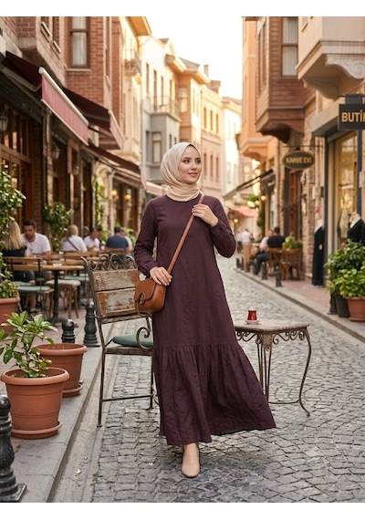 Kadın Düz Renk Dokuma Viskon Kumaş Uzun Tesettür Elbise Kahverengi