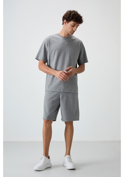 Tommy Life Gri Melanj Pamuklu Kalın Yumuşak Dokulu Oversize Fit Basic Erkek Şort Takım - 85249 GRİ MELANJ