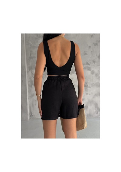 Winmoda34 Kadın Trend Keten Şort 2 Cep siyah