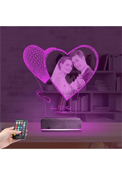 Luvivia Kalp Sevgiliye Hediye Fotoğraflı 3d Lamba - Masa Gece Lambası V1