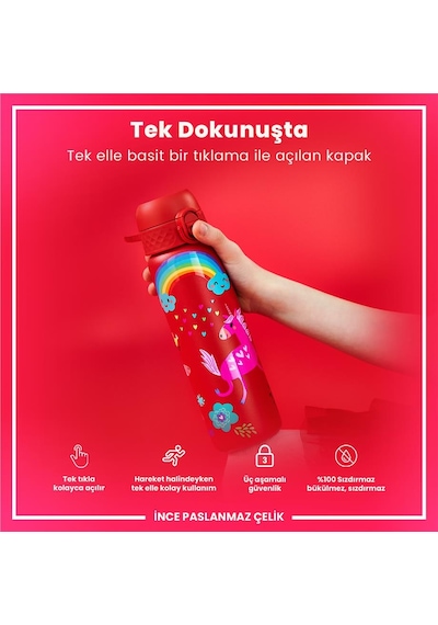 Ion8 - Paslanmaz Çelik İnce Suluk - Kırmızı Unicorn - 600 Ml - Sızdırmaz Çok Renkli