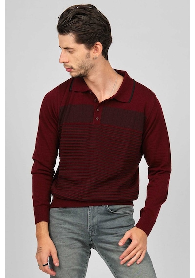 Desen Triko Erkek Desenli Polo Yaka Yün Kazak 0249642 Bordo