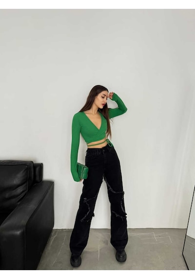 Shevega Kadın Siyah Bacak Yildizli Bol Paça Kot Jeans Pantolon Siyah
