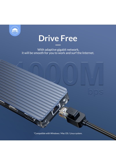 Orico 8 Portlu USB 3.0 100W RJ45 1000Mbps HDMI TF/SD Kart Okuyucu Çoklayıcı Gri