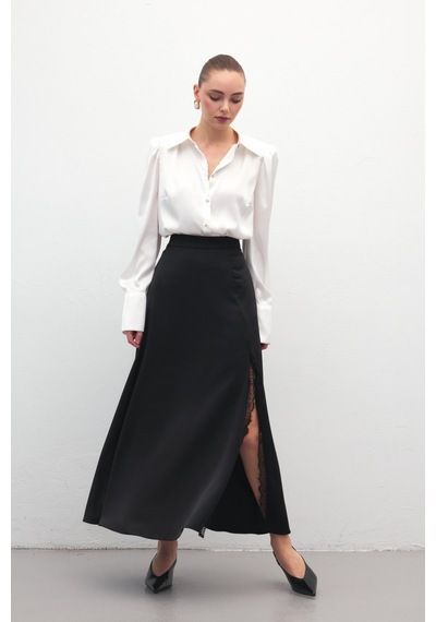 Sateen Dantel Detaylı Saten Etek - Siyah-137170 Siyah
