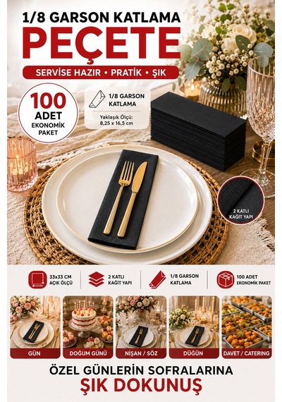 33x33 Cm Siyah Garson Katlama Peçete 100 Adet 2 Katlı Kadınlar Günü Davet Parti Sofra Kağıt Peçetesi