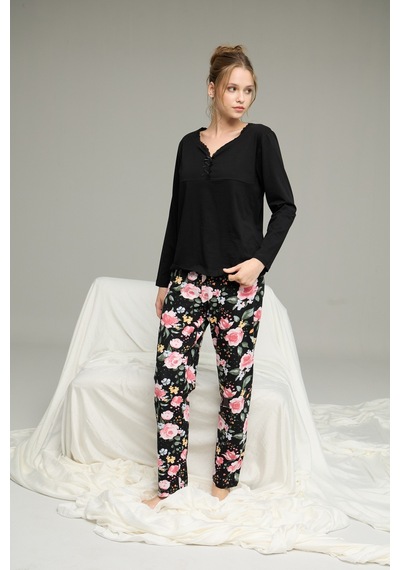 Siyah İnci Desenli Örme Pamuklu Pijama Takım25240251 Siyah
