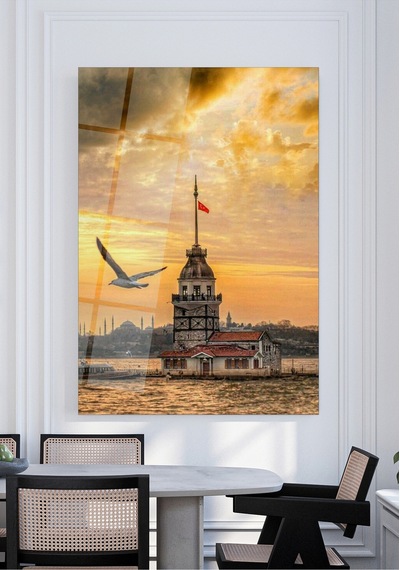 Kız Kulesi Cam Tablo 4 Mm Temperli Cam İstanbul Gün Batımı Duvar Dekoru
