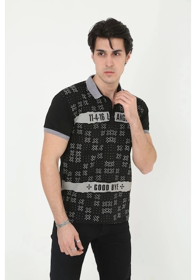 Erkek Yakalı Slim Fit Baskılı T-shirt - Siyah