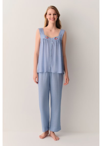 Suwen Almira Gömlek Yaka Pijama Takımı Sh26540660b1196 Mavi