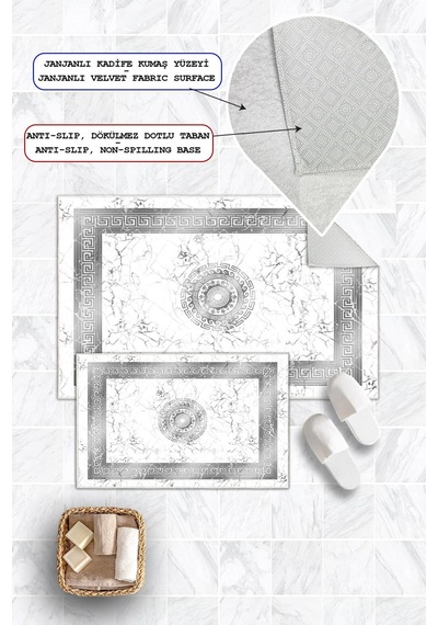 Dijital Baskı Mermer Desen Kaymaz Taban 2li Set Banyo Paspası Klozet Takımı 50x60cm-60x100cm Gri