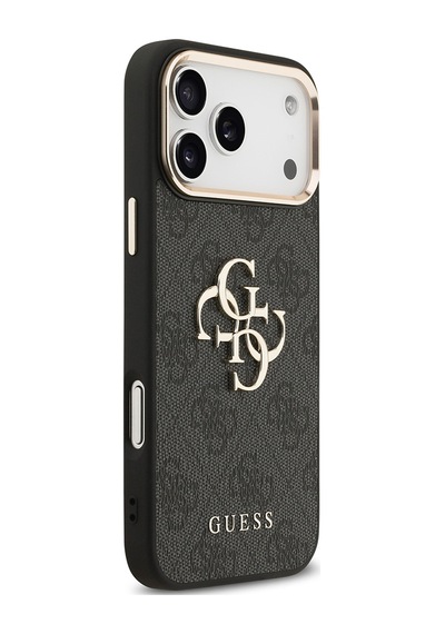 Apple iPhone Uyumlu 18 Pro Max Kılıf Guess Lisanslı Gold Çerçeveli Metal Büyük 4g Ve Yazı Logolu Kapak Siyah