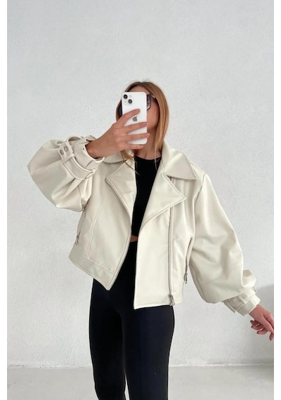 Laleli Butik Kadın Krem Oversize Deri Ceket Krem Krem