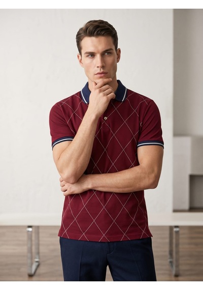 Giyim Dünyası Erkek Baklava Desenli Polo Yaka Tshirt Bordo