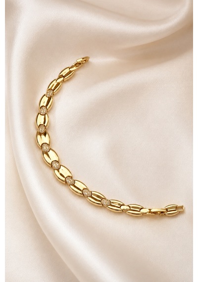 Balenbi Jewelry Kadın Taşlı Oval Bakla Detaylı Kararmaz Çelik Bileklik 14k Gold 1148 Altın