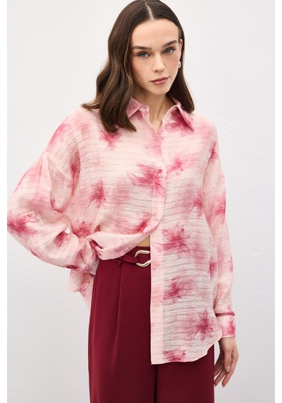 Sateen Kolu Katlamalı İnce Gömlek - Pembe-137204 Pembe