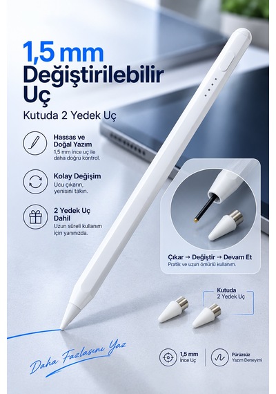 Viso Pen Stpvs-001 Kapasitif Dokunmatik Kalem, Tablet Ve Telefon Uyumlu, Usb-c Şarjlı, 2 Yedek Uçlu Beyaz