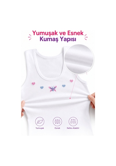 Tutku 6'lı Paket Kız Çocuk Geniş Askılı İşlemeli Atlet %100 Pamuk Tkc0166 Beyaz