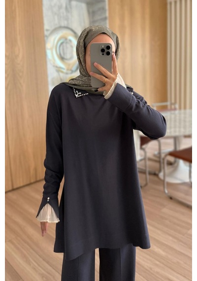 Ka Hijab Kolu Tüllü Merserize Takım - Füme